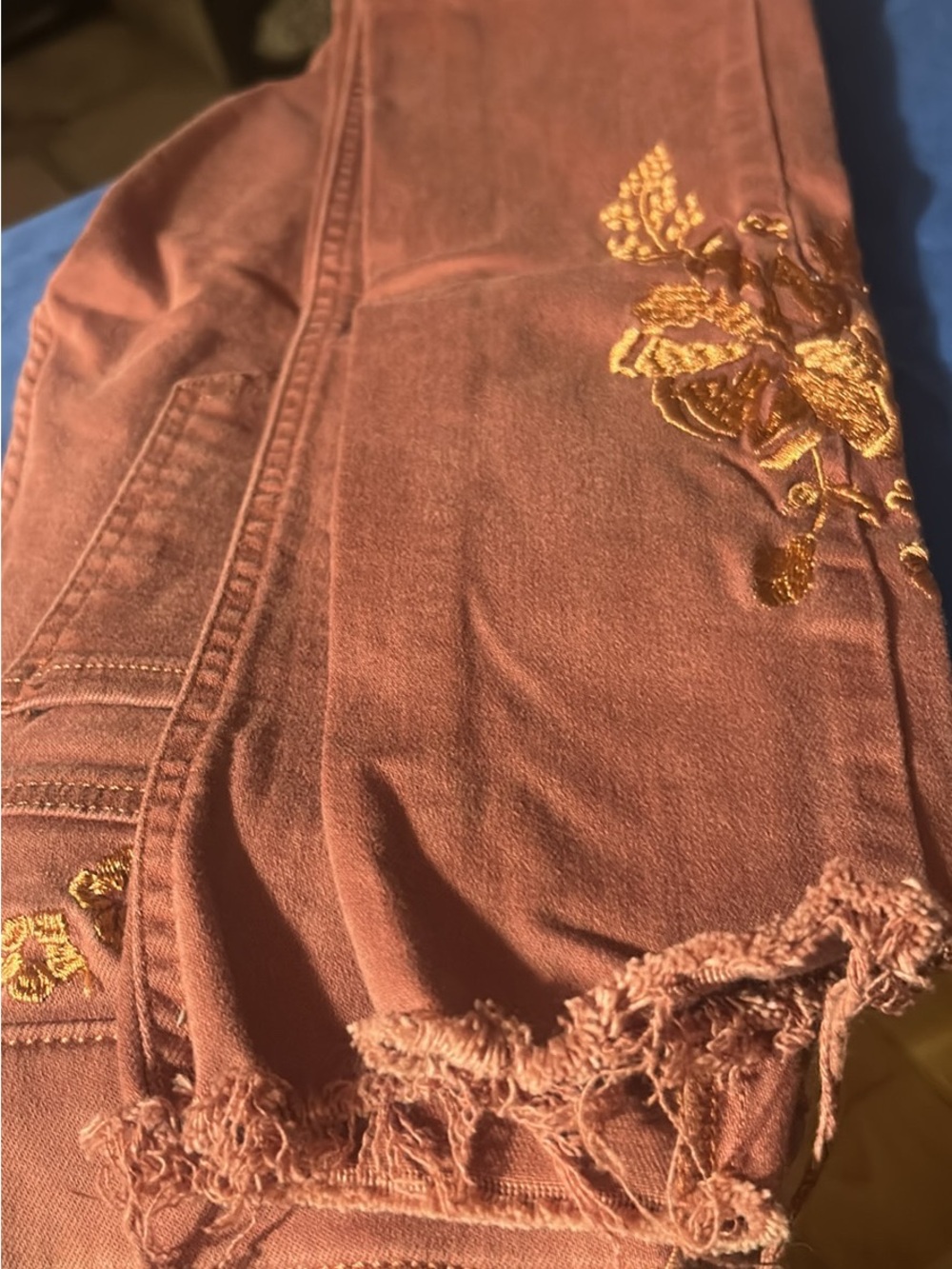 Skinny Jeans with Gold Floral Embroidery - Rust